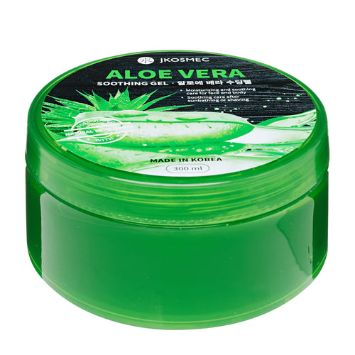 Green jar of Jkosmec aloe vera soothing gel on a white background