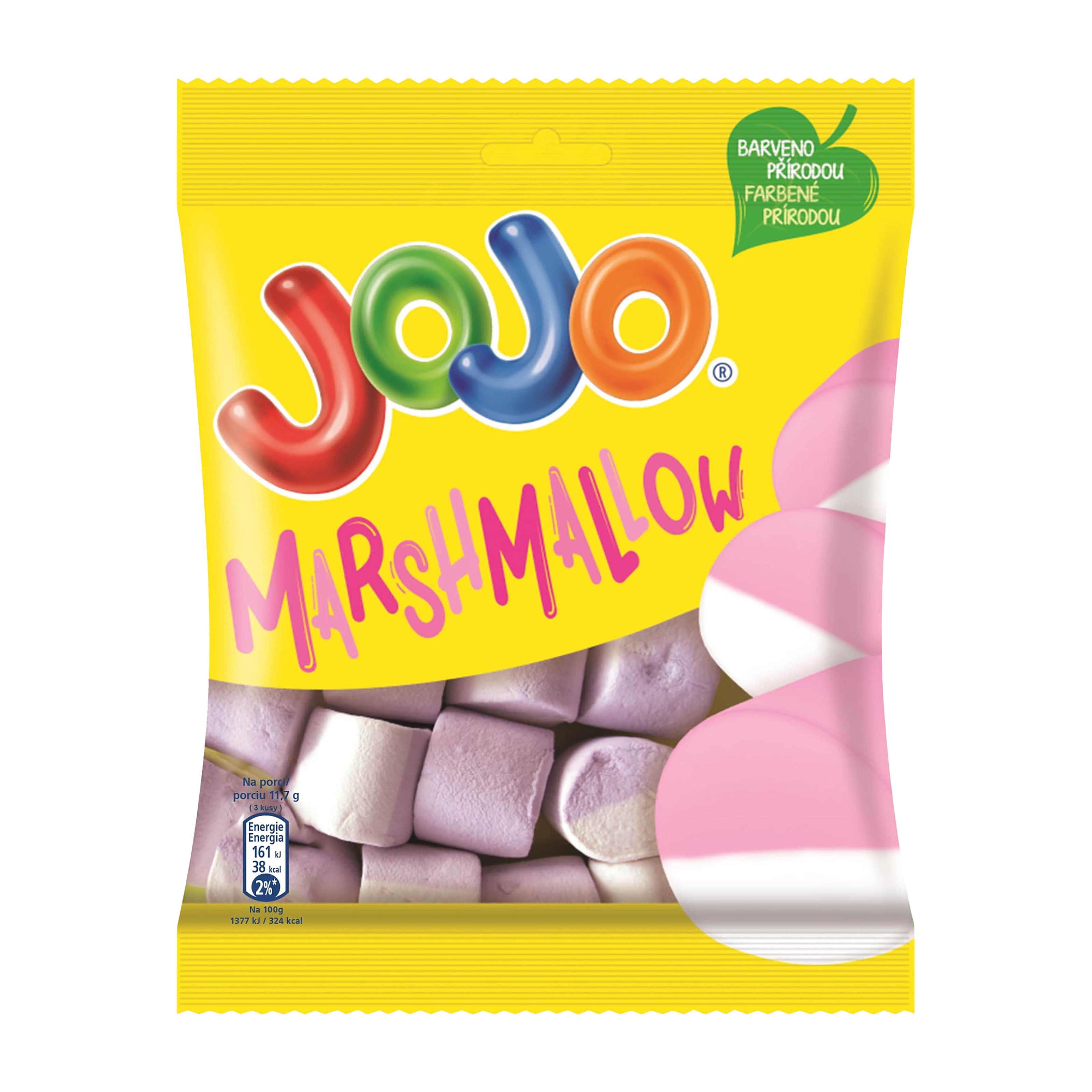 Packaging of JOJO Marshmallow with colorful design on a white background