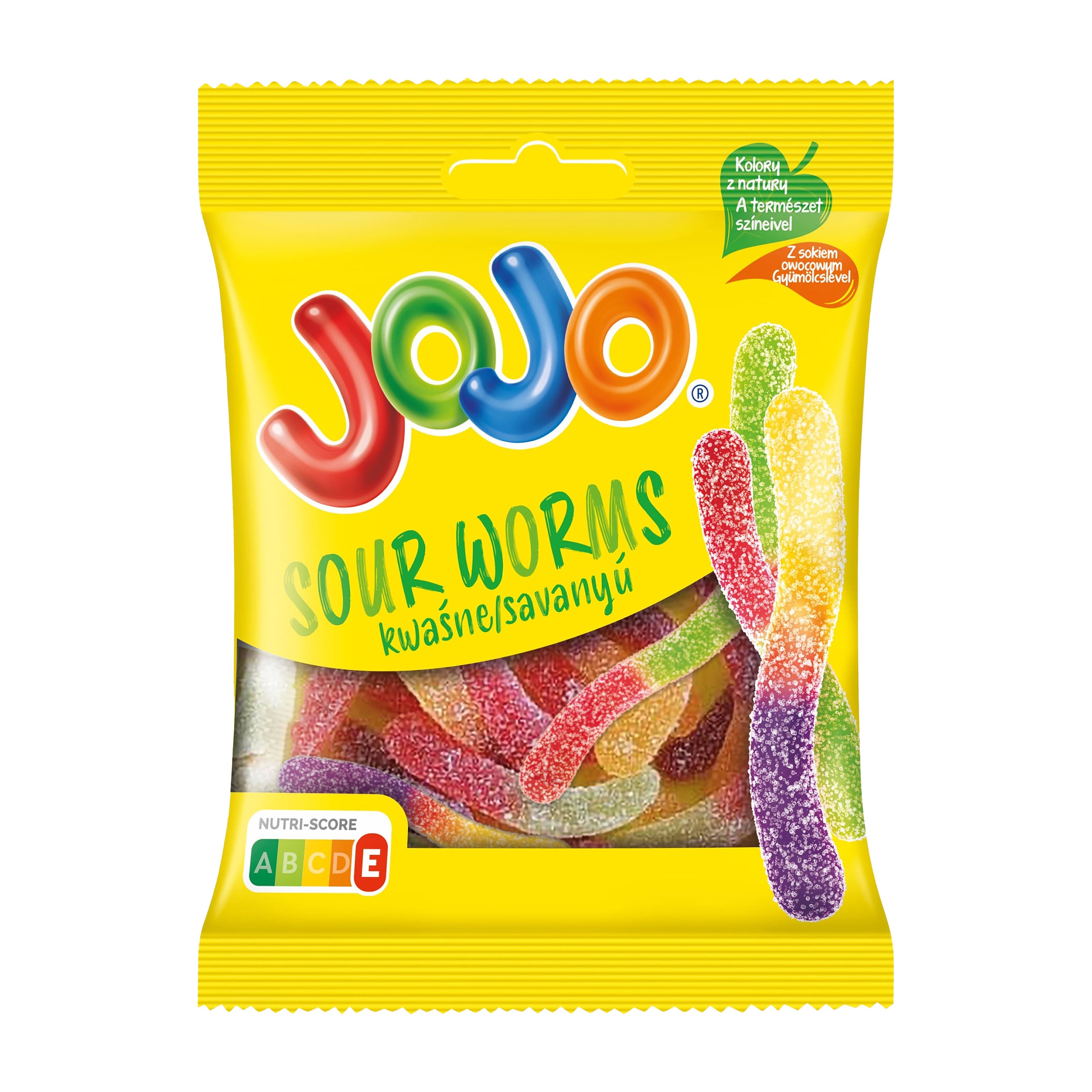 Packaging of JOJO Sour Worms gummy candies with a yellow background