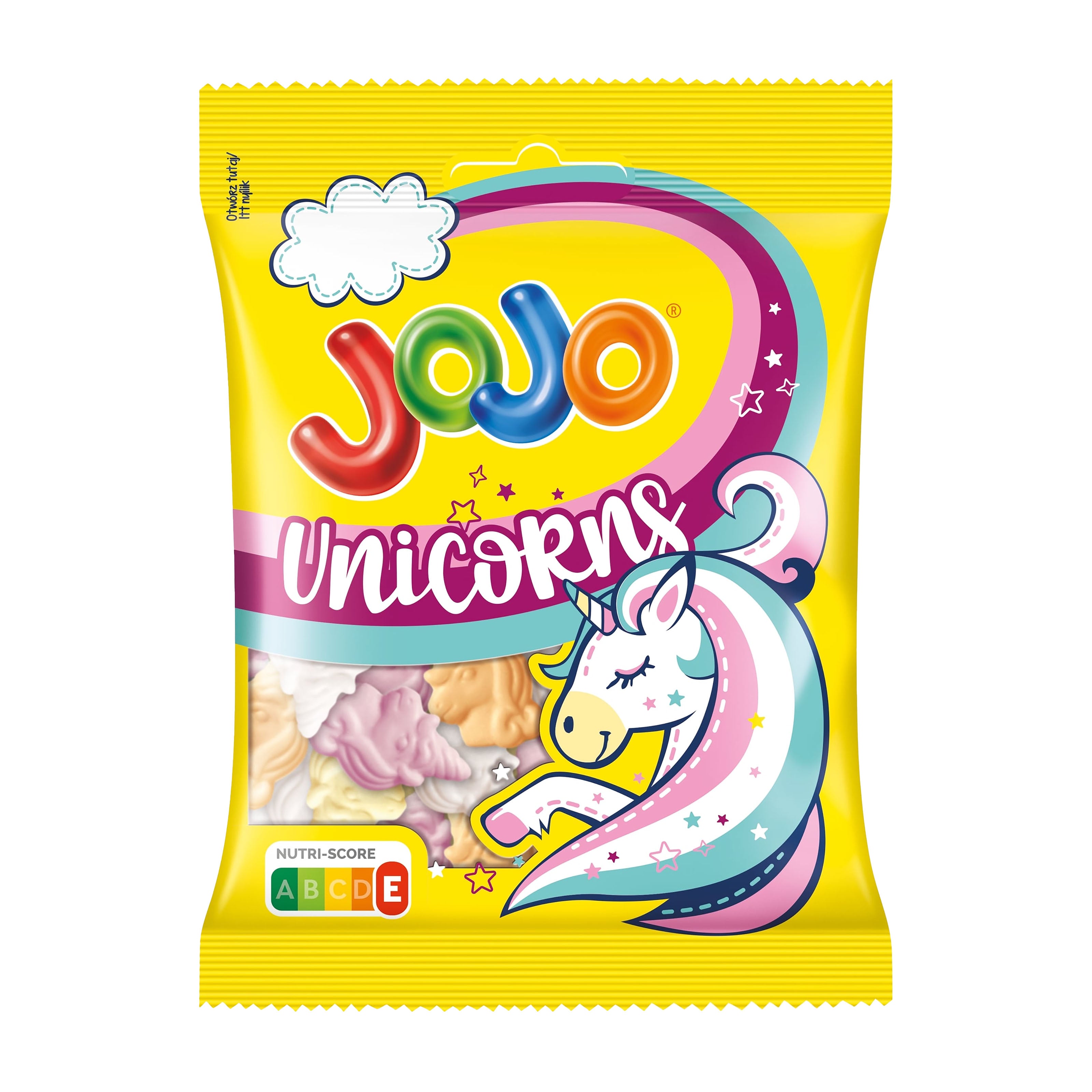 JoJo Unicorns candy package with colorful design on a white background