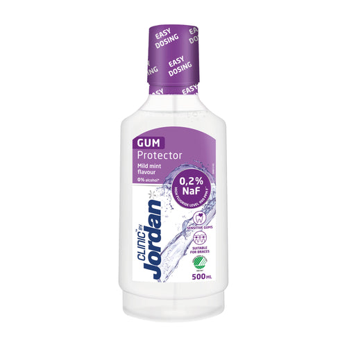 Bottle of Jordan Clinic Gum Protector mouthwash on a white background