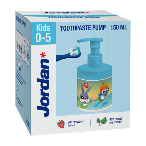 Jordan Kids toothpaste pump packaging with cartoon characters on a white background