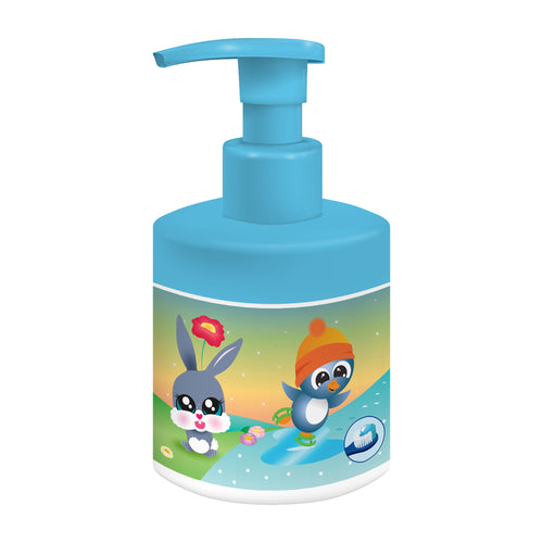 Blue bottle with cartoon characters on a white background