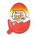 A Kinder Joy egg with the brand logo visible, predominantly red and yellow color scheme.