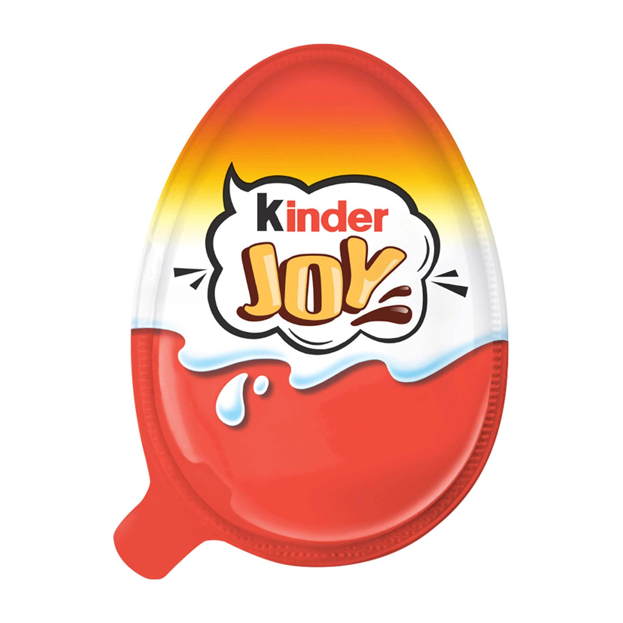 A Kinder Joy egg with the brand logo visible, predominantly red and yellow color scheme.