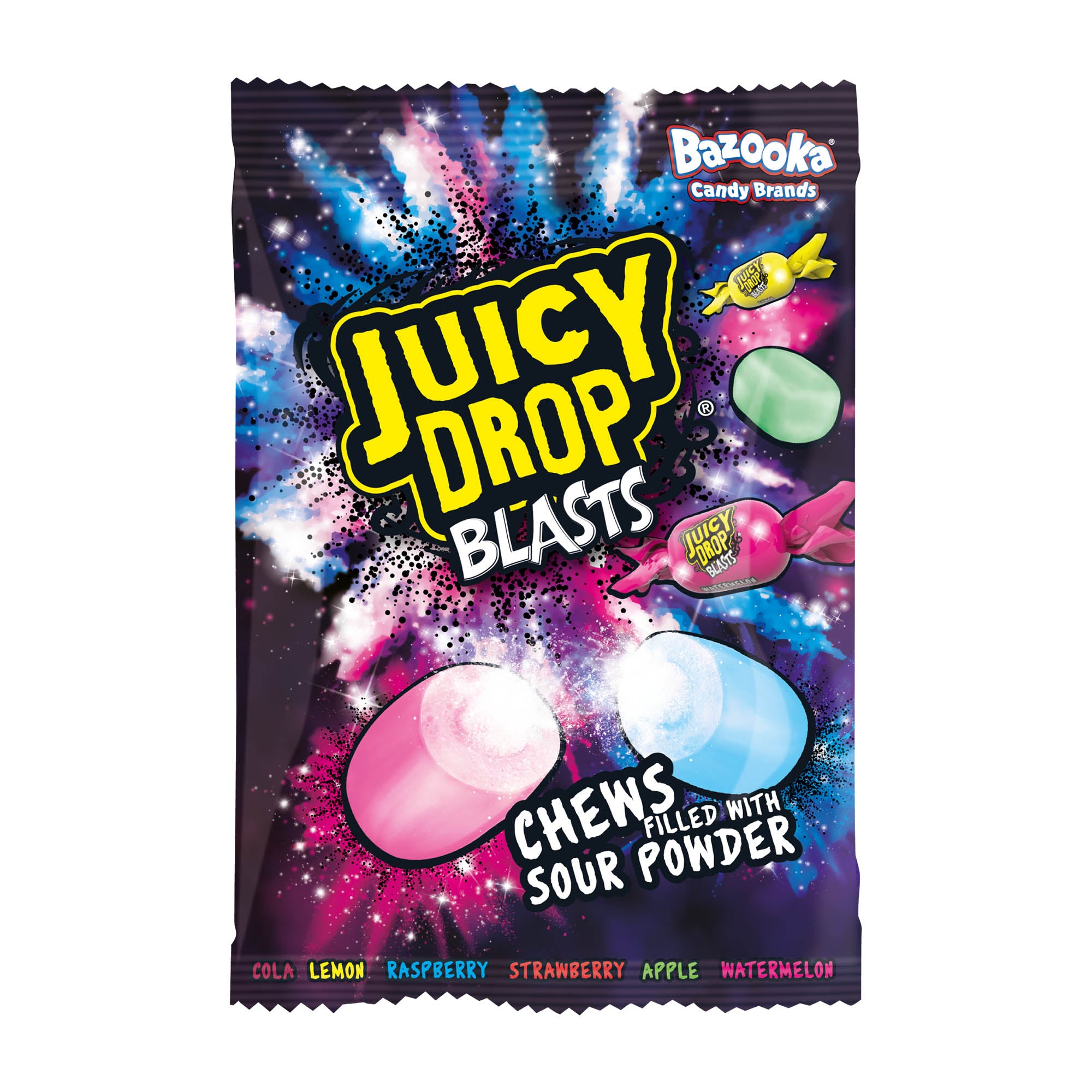 Juicy Drop Blasts candy package with colorful design on a white background