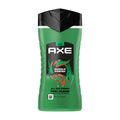 AXE Jungle Fresh body wash in a green plastic bottle with black and orange label, indicating the scent of palm leaves and amber.
