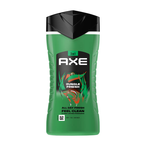 AXE Jungle Fresh body wash in a green plastic bottle with black and orange label, indicating the scent of palm leaves and amber.
