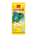 Packaging of Suchard Junior white chocolate bar with crispy rice, featuring a dinosaur on the front and the bar visible through a cut-out window.