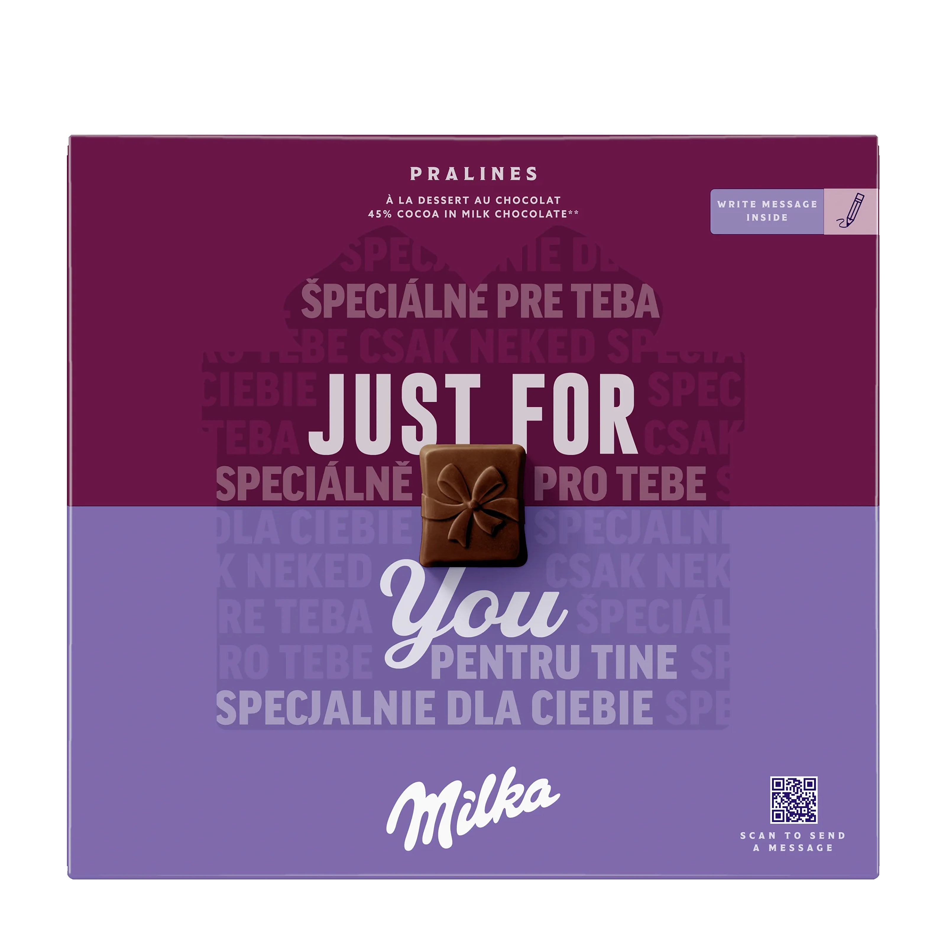 Milka pralines packaging with 'Just for You' text on a white background