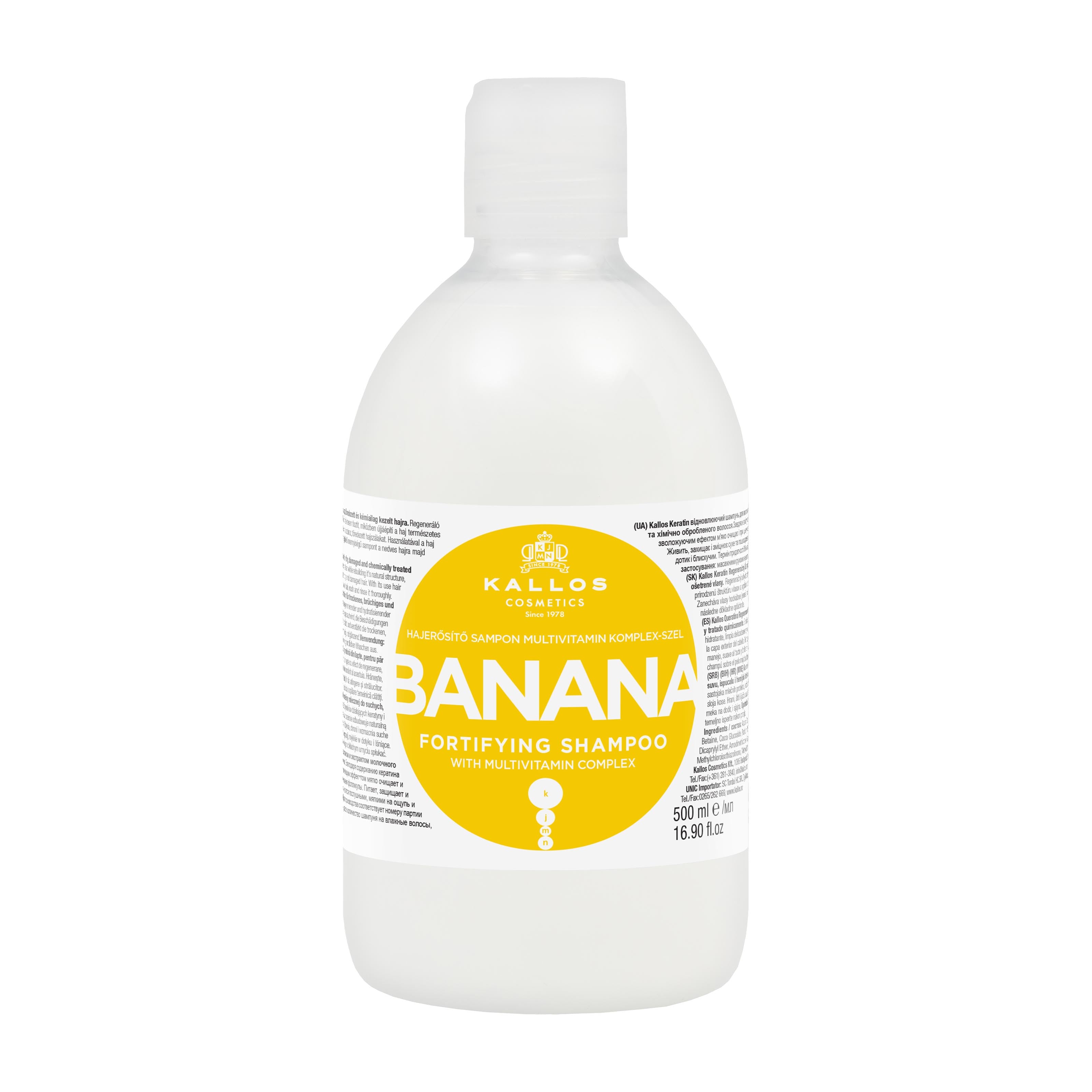 Kallos KJMN Banana Fortifying Shampoo bottle on a white background.