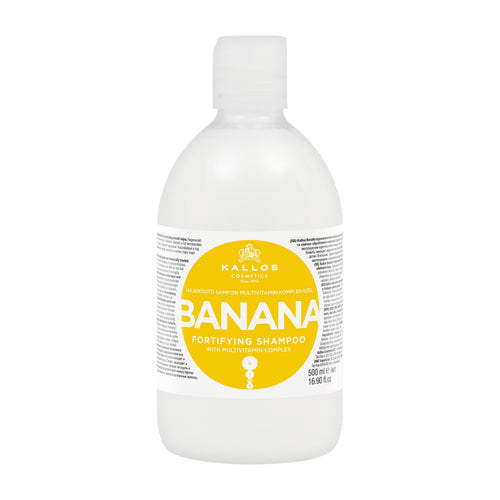 Kallos KJMN Banana Fortifying Shampoo bottle on a white background.