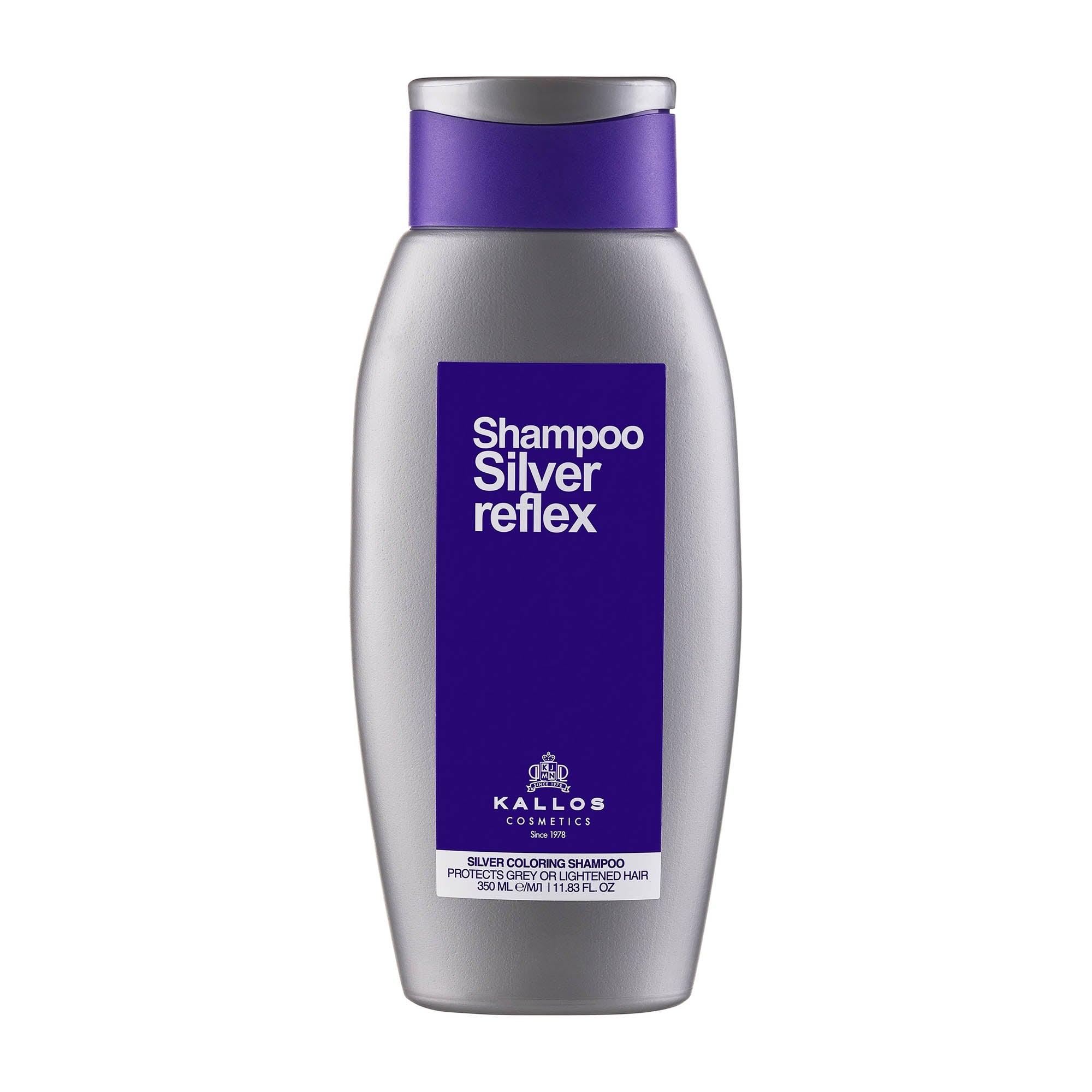 Kallos Silver Reflex Shampoo bottle with purple label on a white background