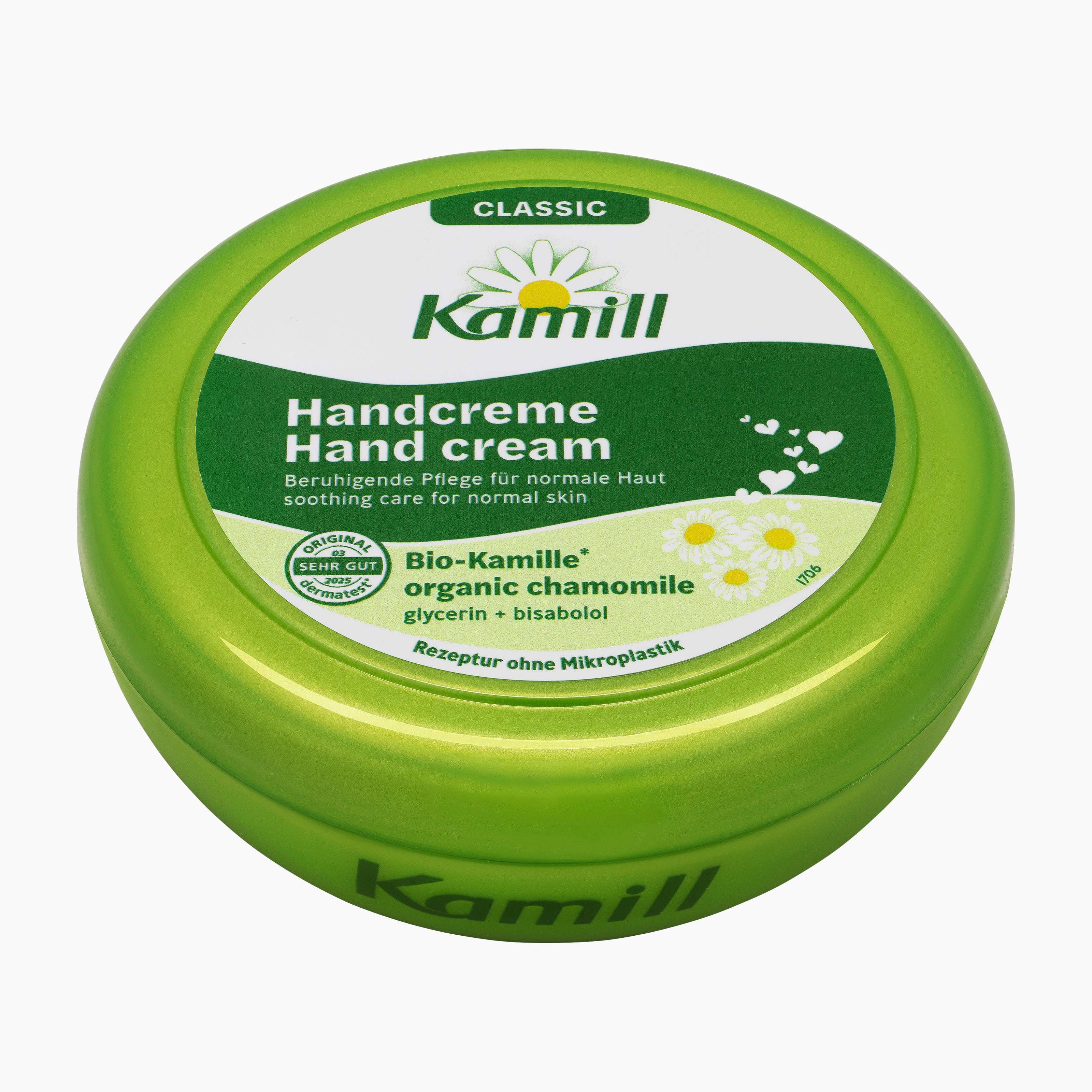 A round green container of Kamill Classic Hand Cream on a plain white background.