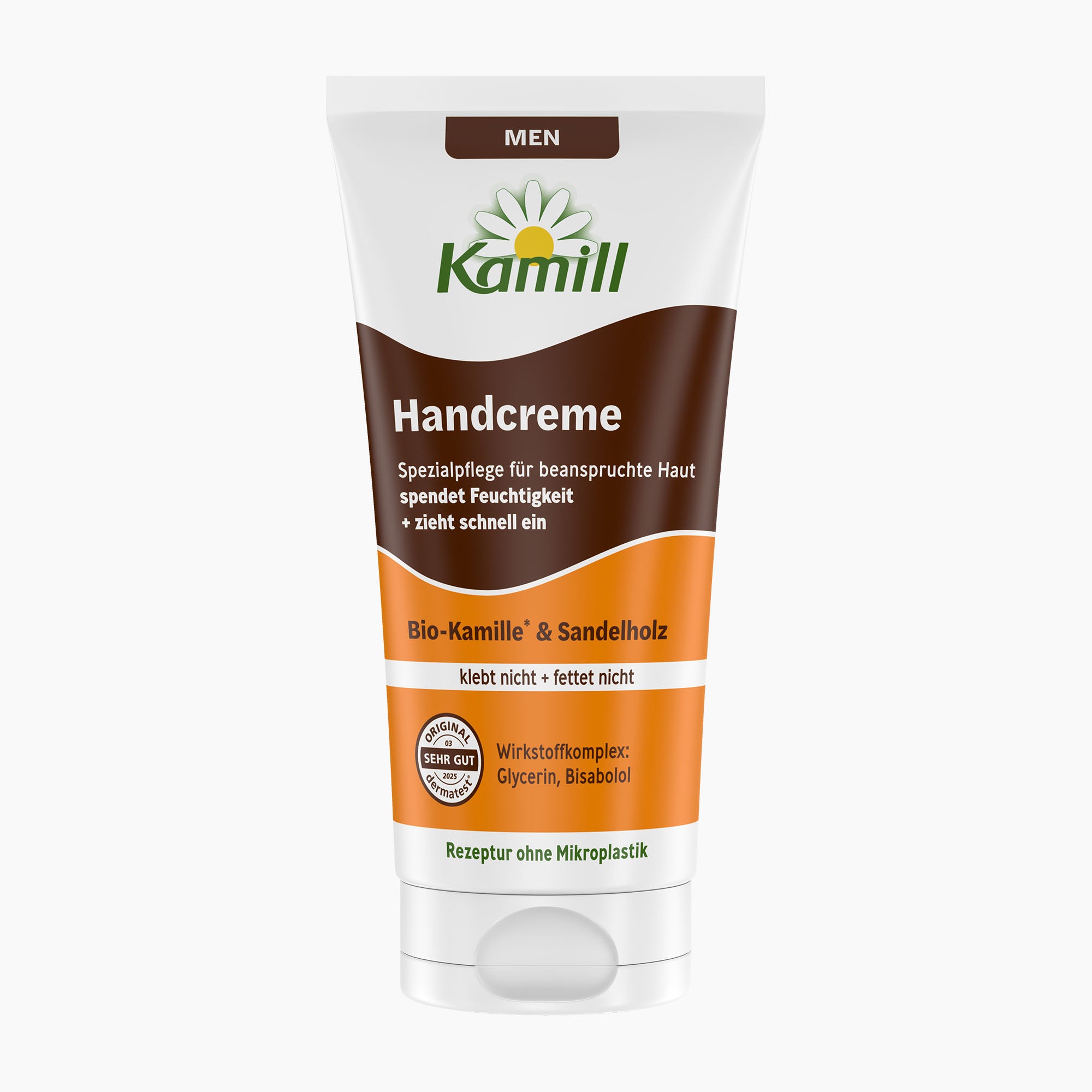 A squeeze tube of Kamill Hand Cream for men, featuring a white, brown, and orange label with German text, shown on a light gray background.