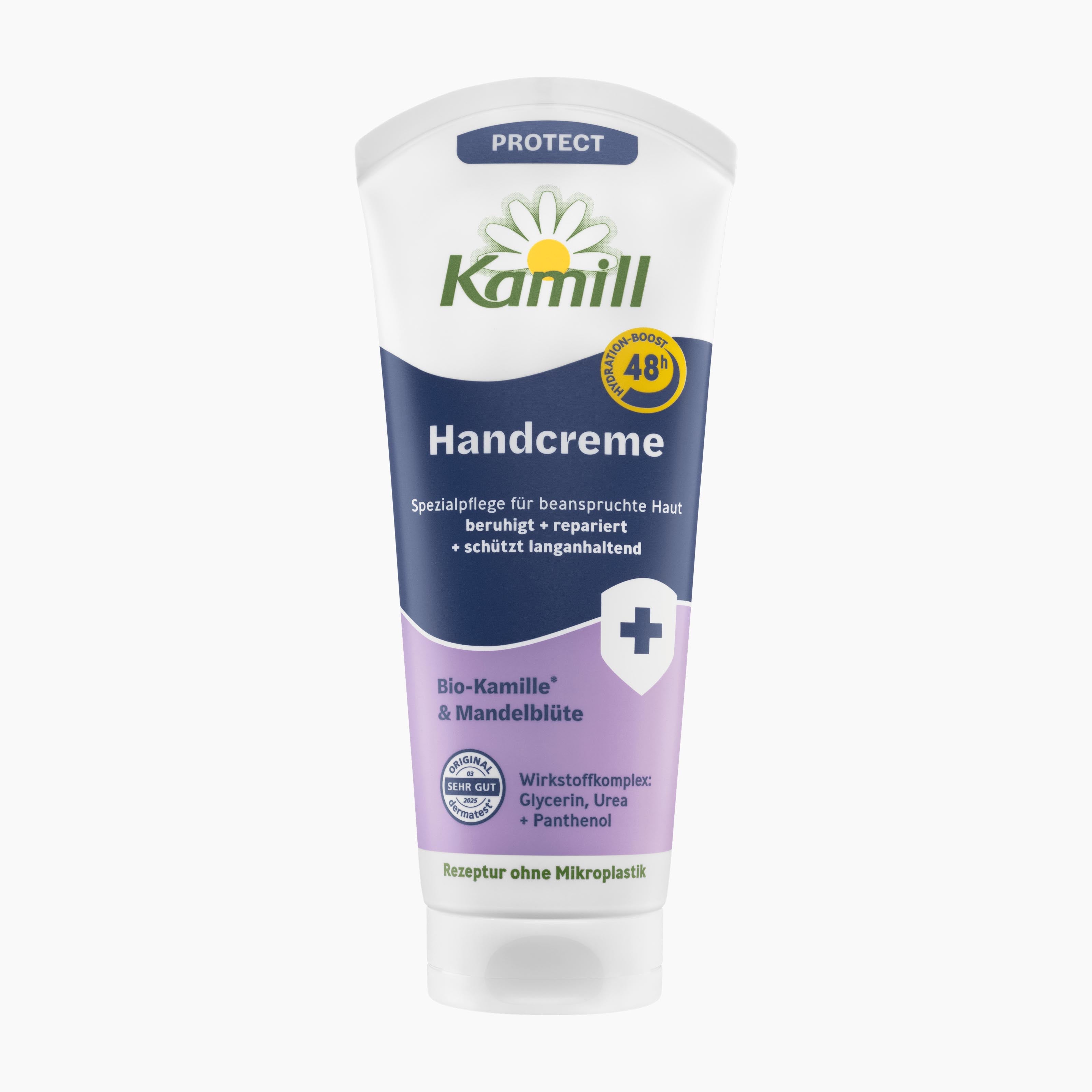 A squeeze tube of Kamill Protect Hand Cream with a white, navy blue, and lavender purple label, shown on a clean white background.
