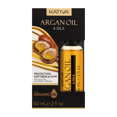 Kativa Argan Oil 4 Oils hair oil packaging with oil bottle and nuts on a white background