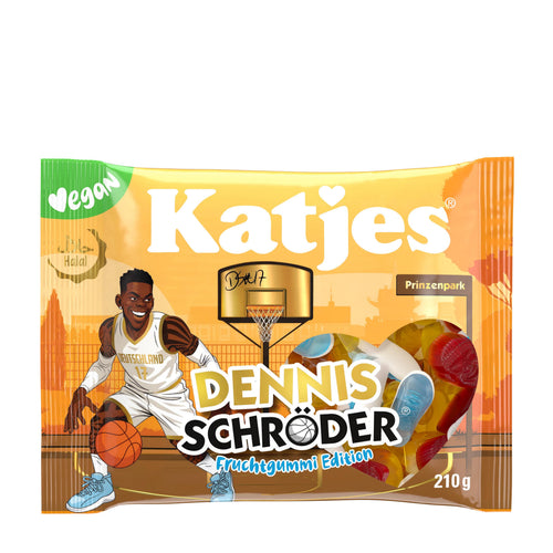 Katjes gummy candy package featuring Dennis Schroder with a basketball theme