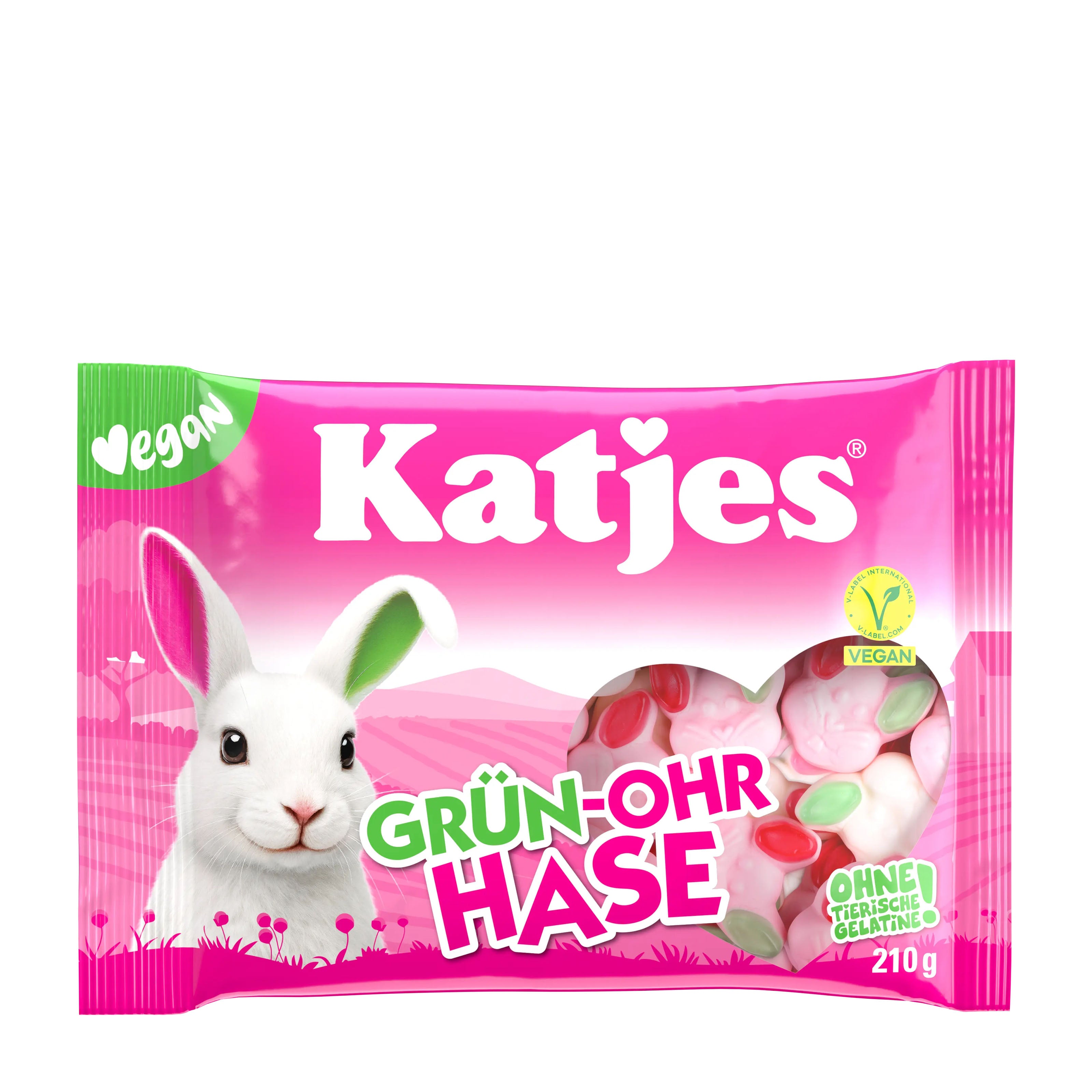 Pink packaging of Katjes Green-Ear Bunny gummy candy with a rabbit illustration on a white background