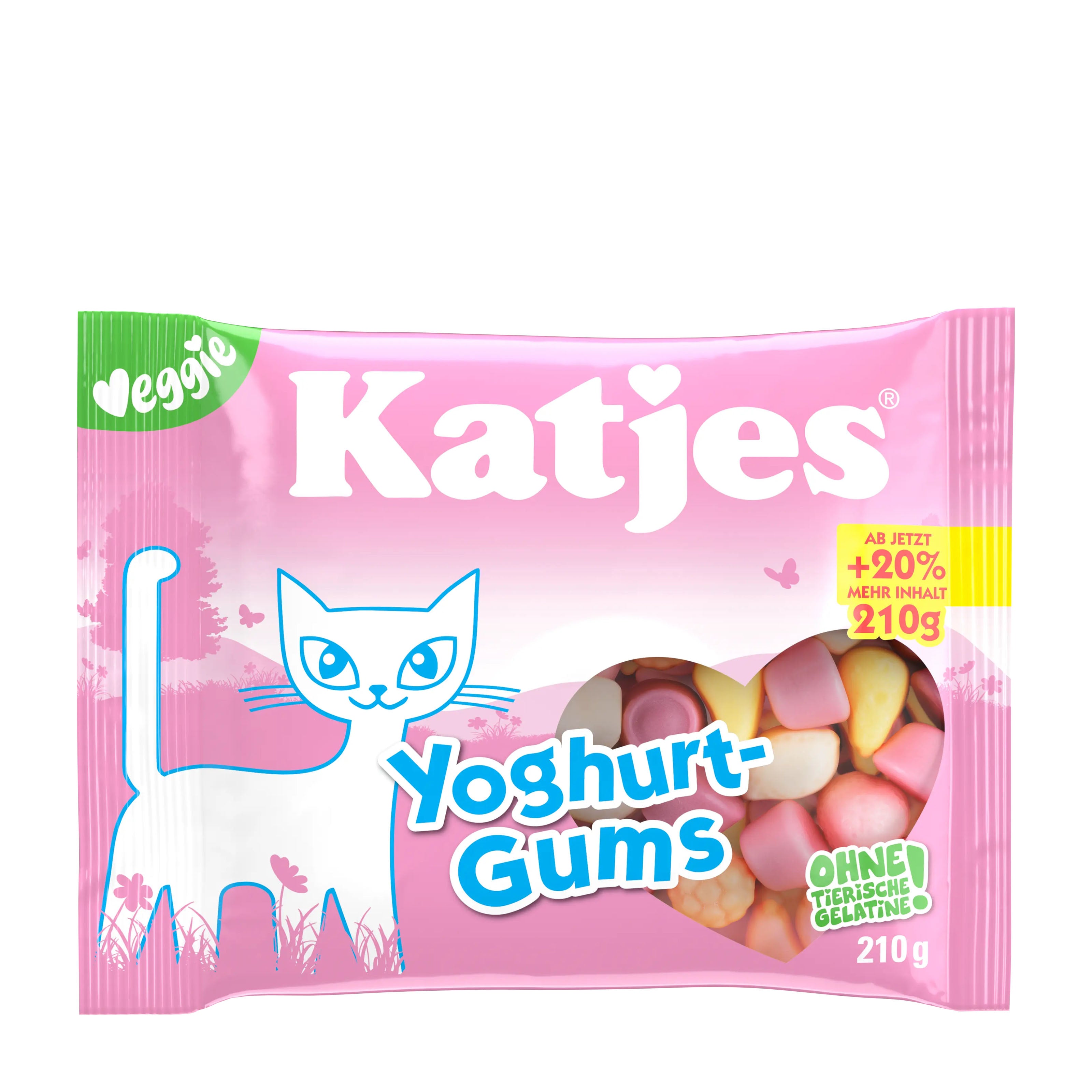 Pink package of Katjes Yoghurt-Gums gummy candy with a cat illustration on a white background