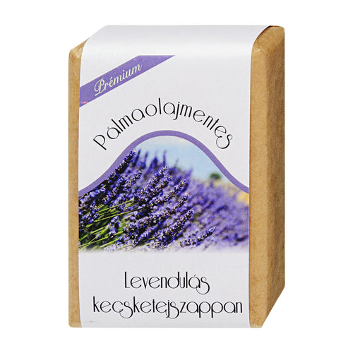 Kecsketej Lavender Goat's Milk soap bar with lavender design and text on a white background