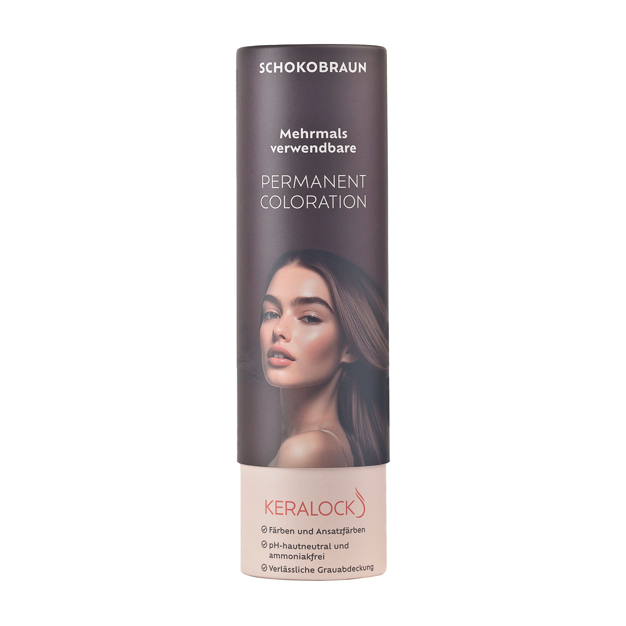 Keralock Chocolate Brown Permanent Coloration packaging with a woman's face on a white background