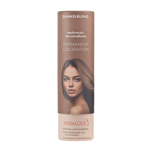 Keralock Dark Blonde permanent hair color product packaging with a woman's face on a white background