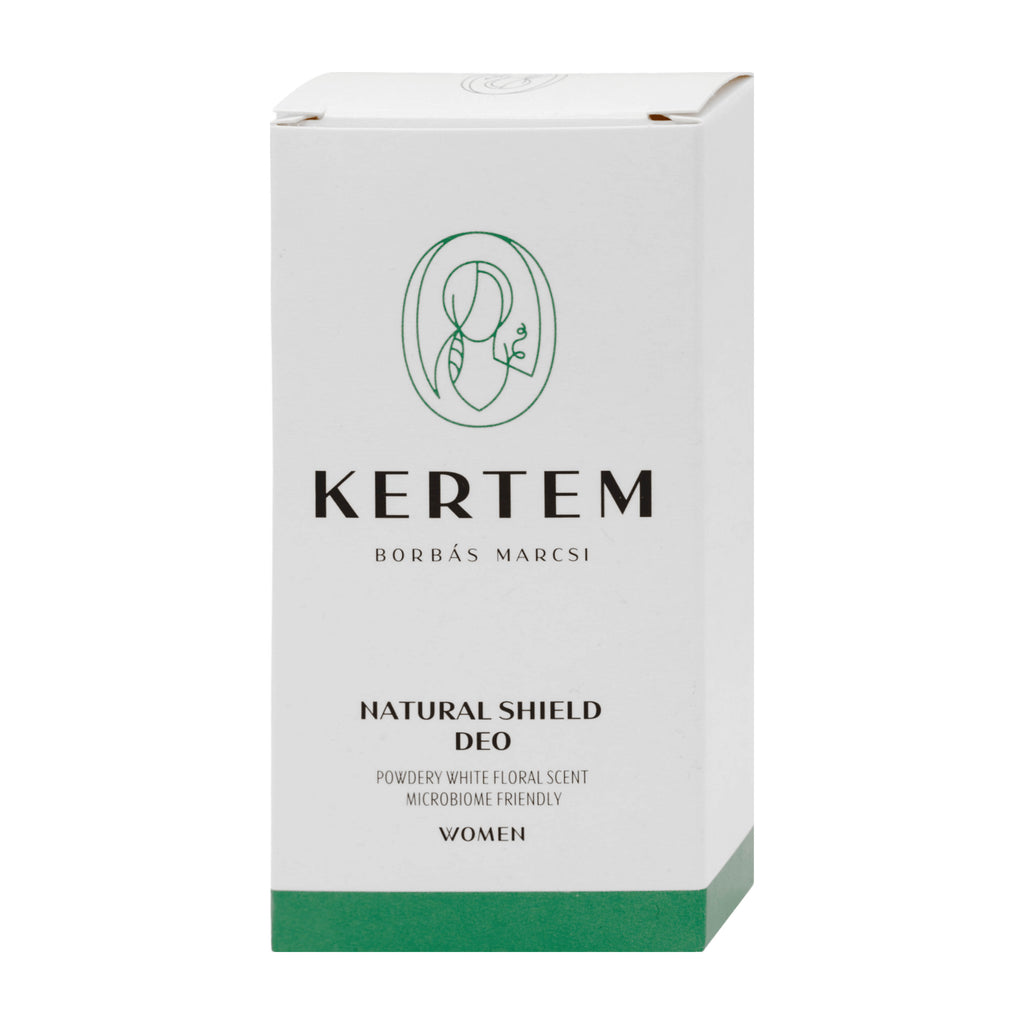Kertem Natural Shield Deo Stick box packaging, featuring a white box with green accents and black text, on a plain white background.