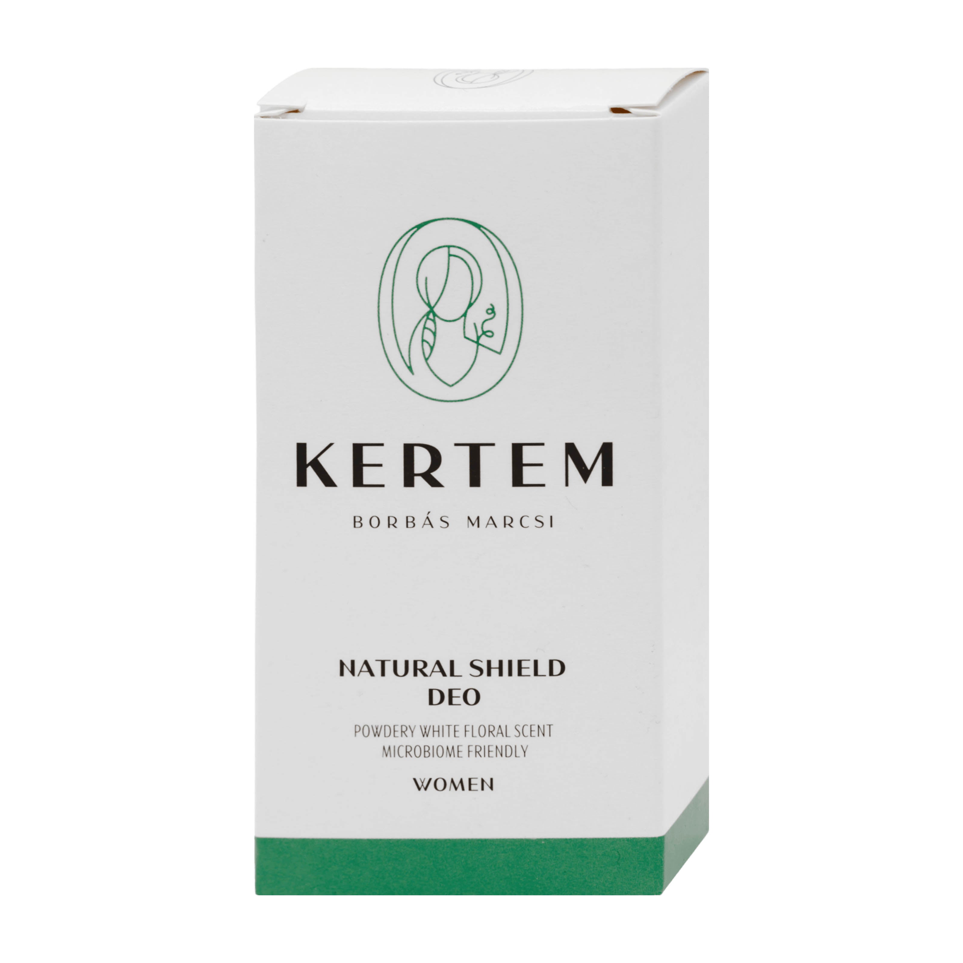 Kertem Natural Shield Deo Stick box packaging, featuring a white box with green accents and black text, on a plain white background.