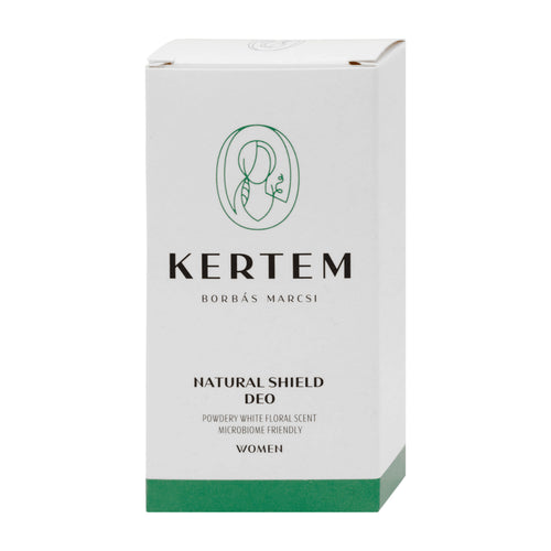 Kertem Natural Shield Deo Stick box packaging, featuring a white box with green accents and black text, on a plain white background.