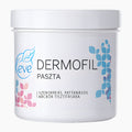 A white plastic jar of Keve Dermofil Face Cleansing Paste, featuring blue and pink floral graphics on a clean white background.