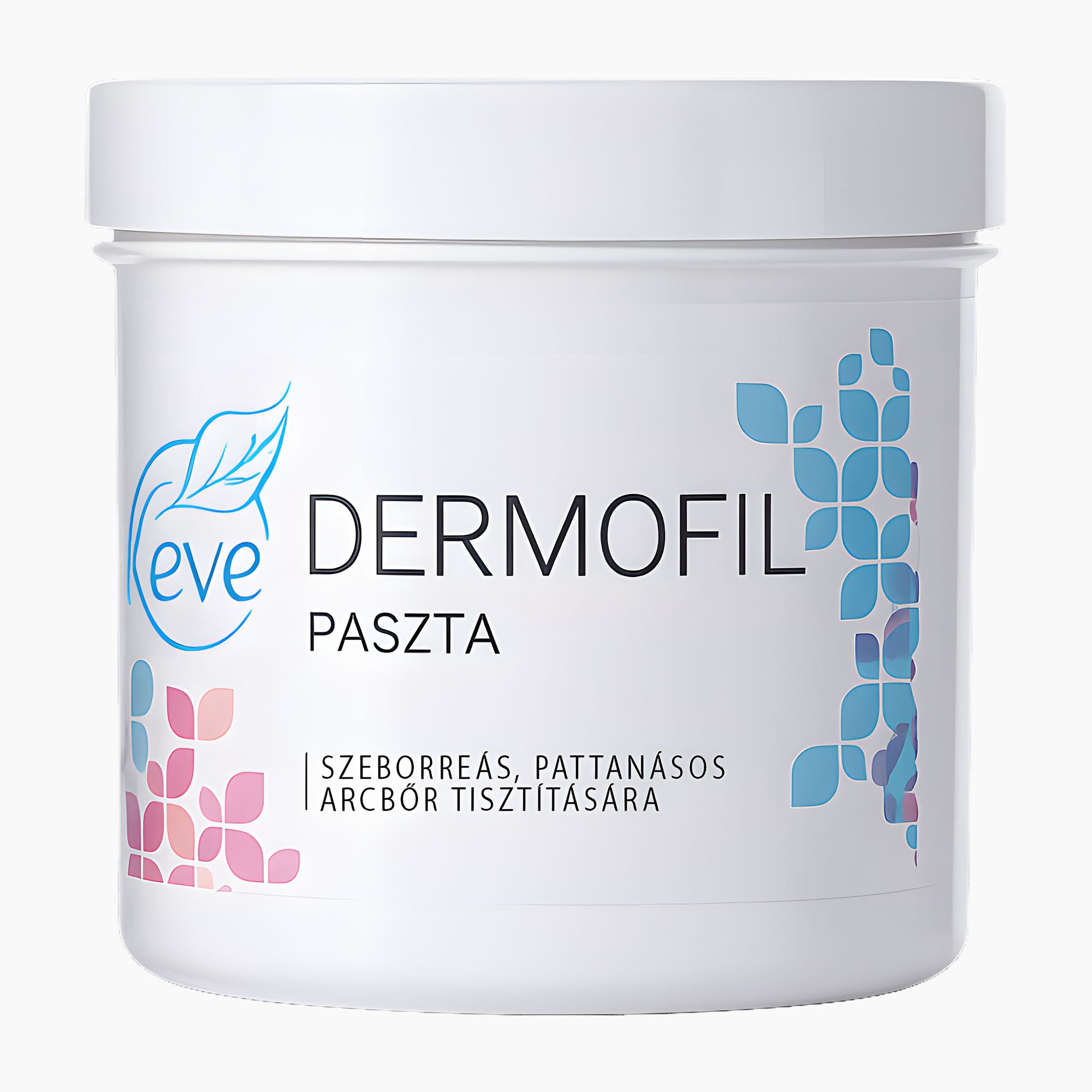 A white plastic jar of Keve Dermofil Face Cleansing Paste, featuring blue and pink floral graphics on a clean white background.