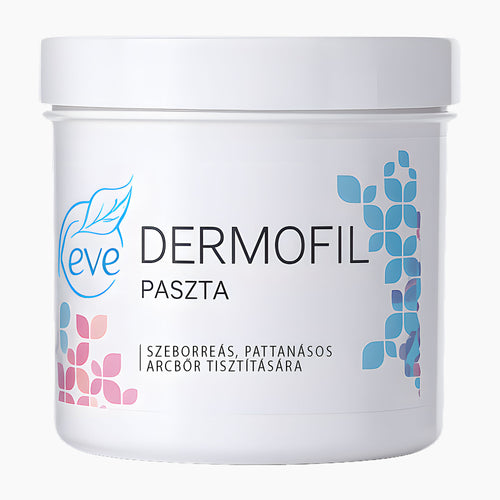 A white plastic jar of Keve Dermofil Face Cleansing Paste, featuring blue and pink floral graphics on a clean white background.
