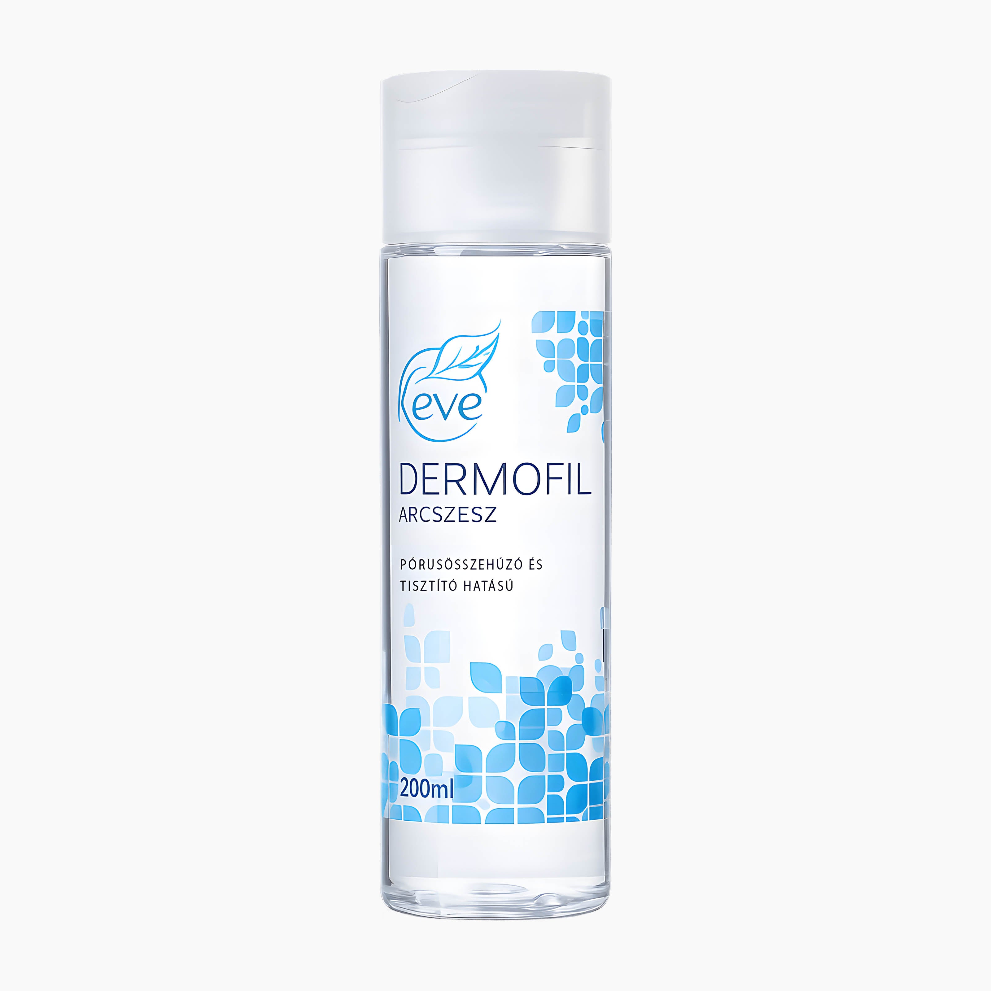 A 200ml clear plastic bottle of Keve Dermofil Purifying Face Toner with a white cap, featuring blue and white graphic patterns on the label.