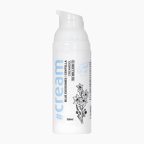 A 50ml pump bottle of KEVE Blue Exosomes & Centella Face Cream Gel, featuring a white bottle with blue and black text and botanical illustrations, set against a plain light gray background.