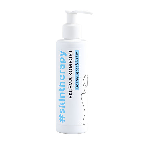 Pump bottle of KEVE Eczema Comfort Skin Soothing Cream on a white background