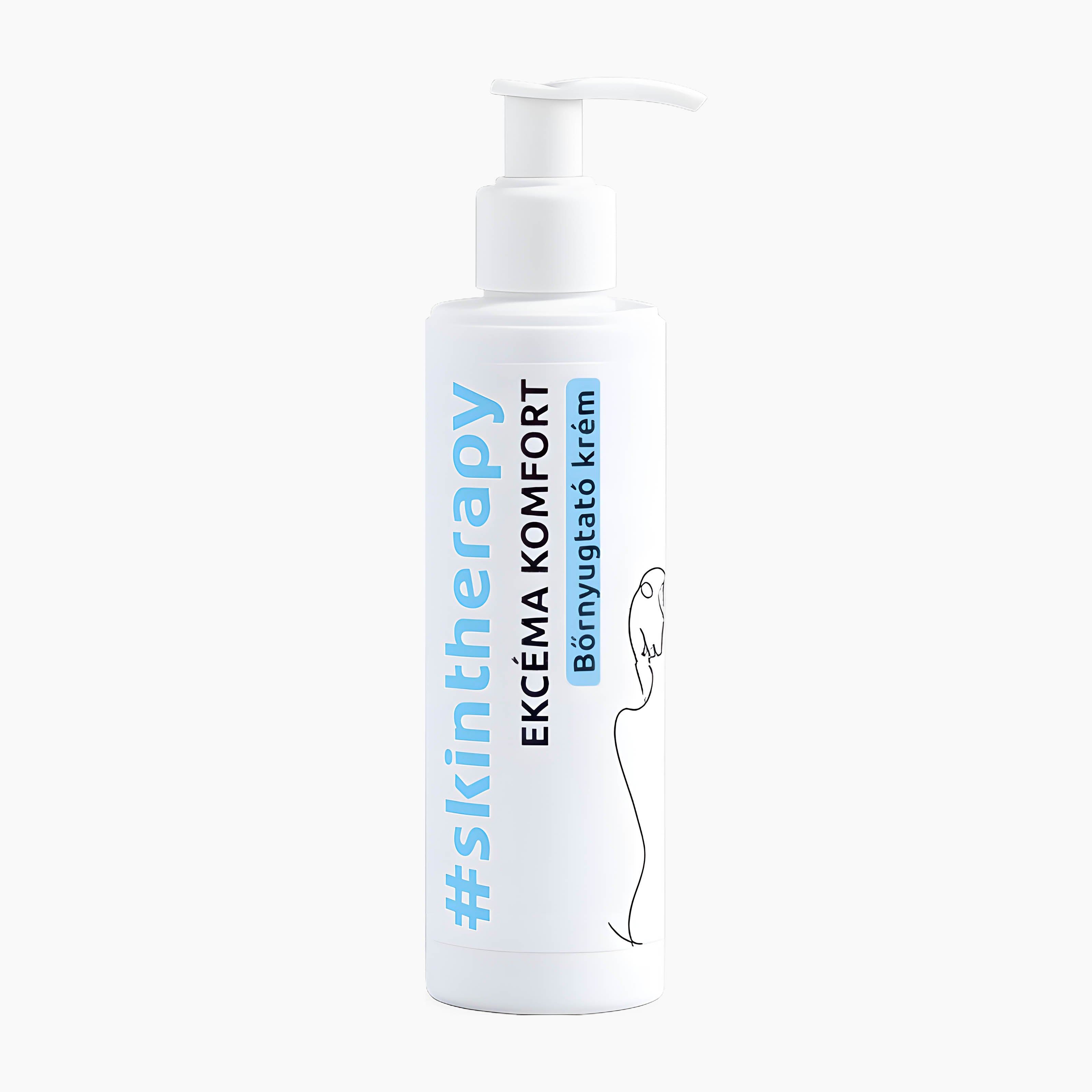 A white pump bottle of KEVE Eczema Comfort Skin Soothing Cream with blue and black text on a light gray background.