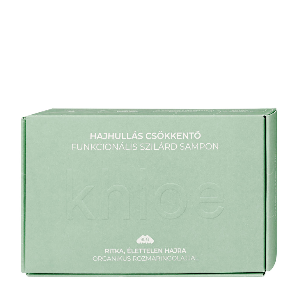 Green packaging of Khloe Hair-Loss Reducing solid shampoo bar with text on a white background
