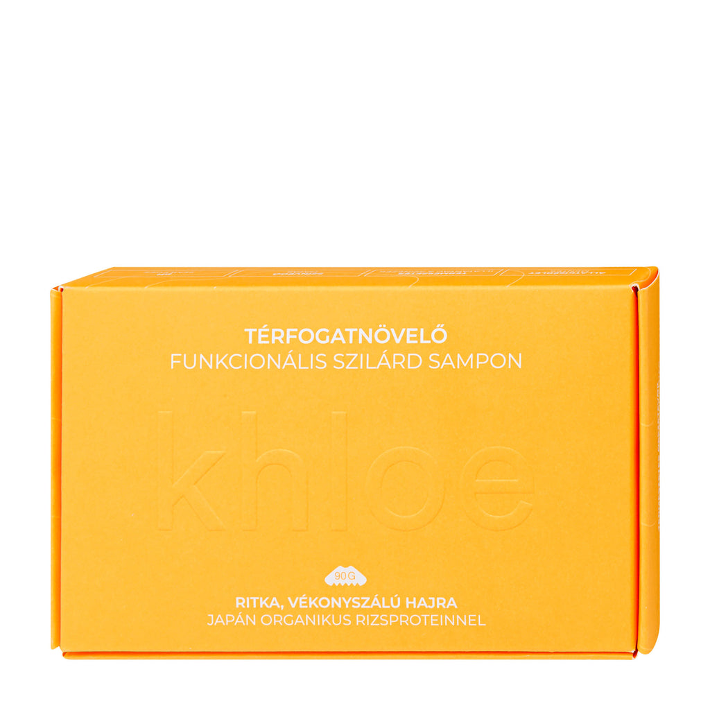 Yellow box of Khloe Volumizing Functional Solid Shampoo Bar with text on a white background