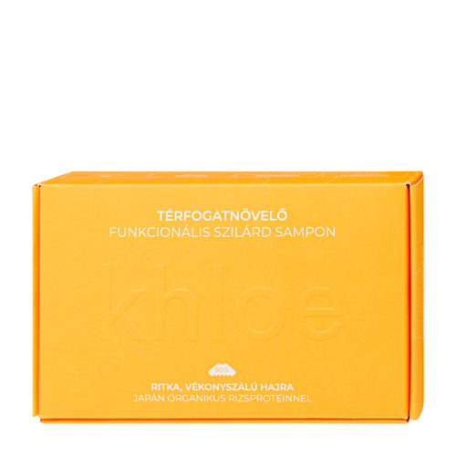 Yellow box of Khloe Volumizing Functional Solid Shampoo Bar with text on a white background