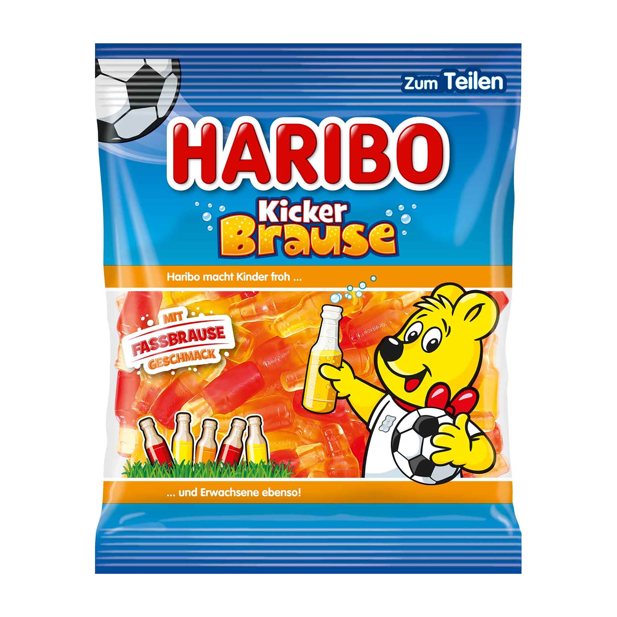 Haribo Kicker Brause gummy candy package with a cartoon bear holding a bottle and soccer ball on a blue background