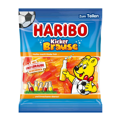 Haribo Kicker Brause gummy candy package with a cartoon bear holding a bottle and soccer ball on a blue background