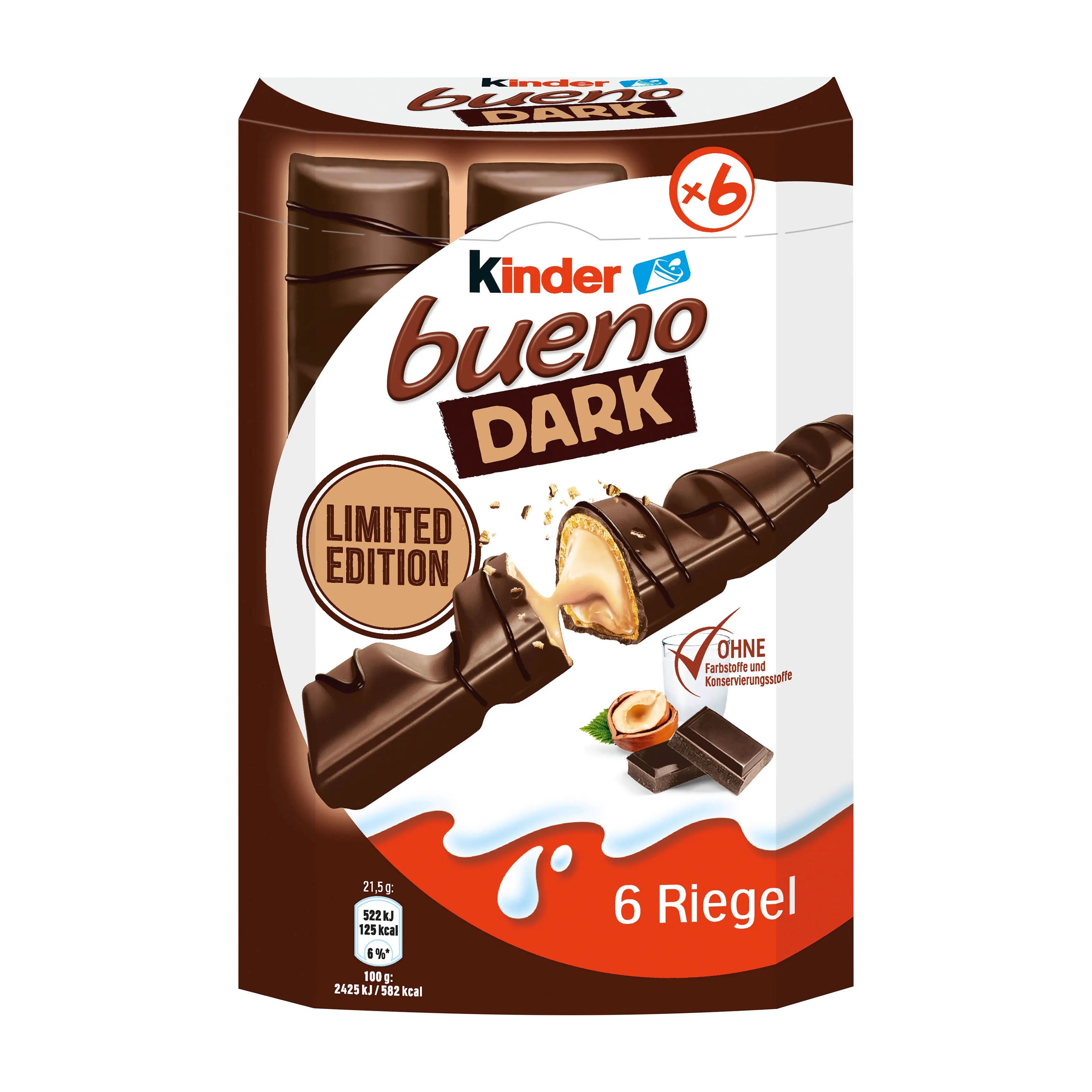 Kinder Bueno Dark wafer bars packaging on a white background
