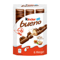 Packaging of Kinder Bueno Milk Wafer Bar, showing the product and the number of pieces, 6, in a white and red box with images of the wafer bars and hazelnuts.