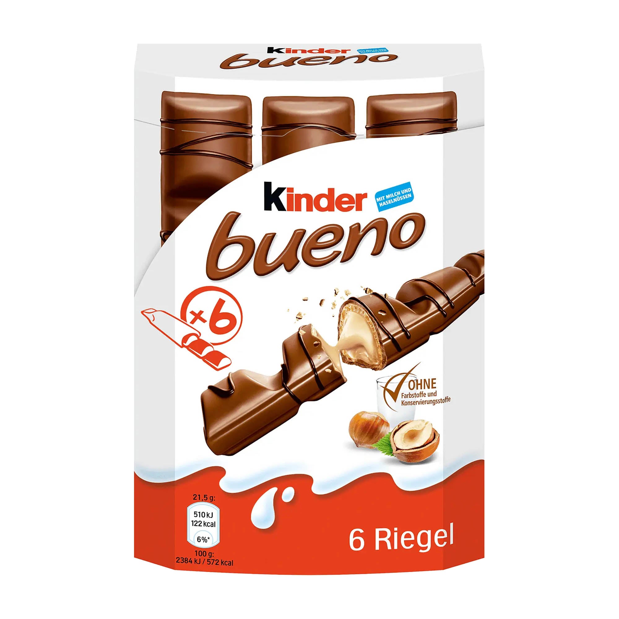 Packaging of Kinder Bueno Milk Wafer Bar, showing the product and the number of pieces, 6, in a white and red box with images of the wafer bars and hazelnuts.