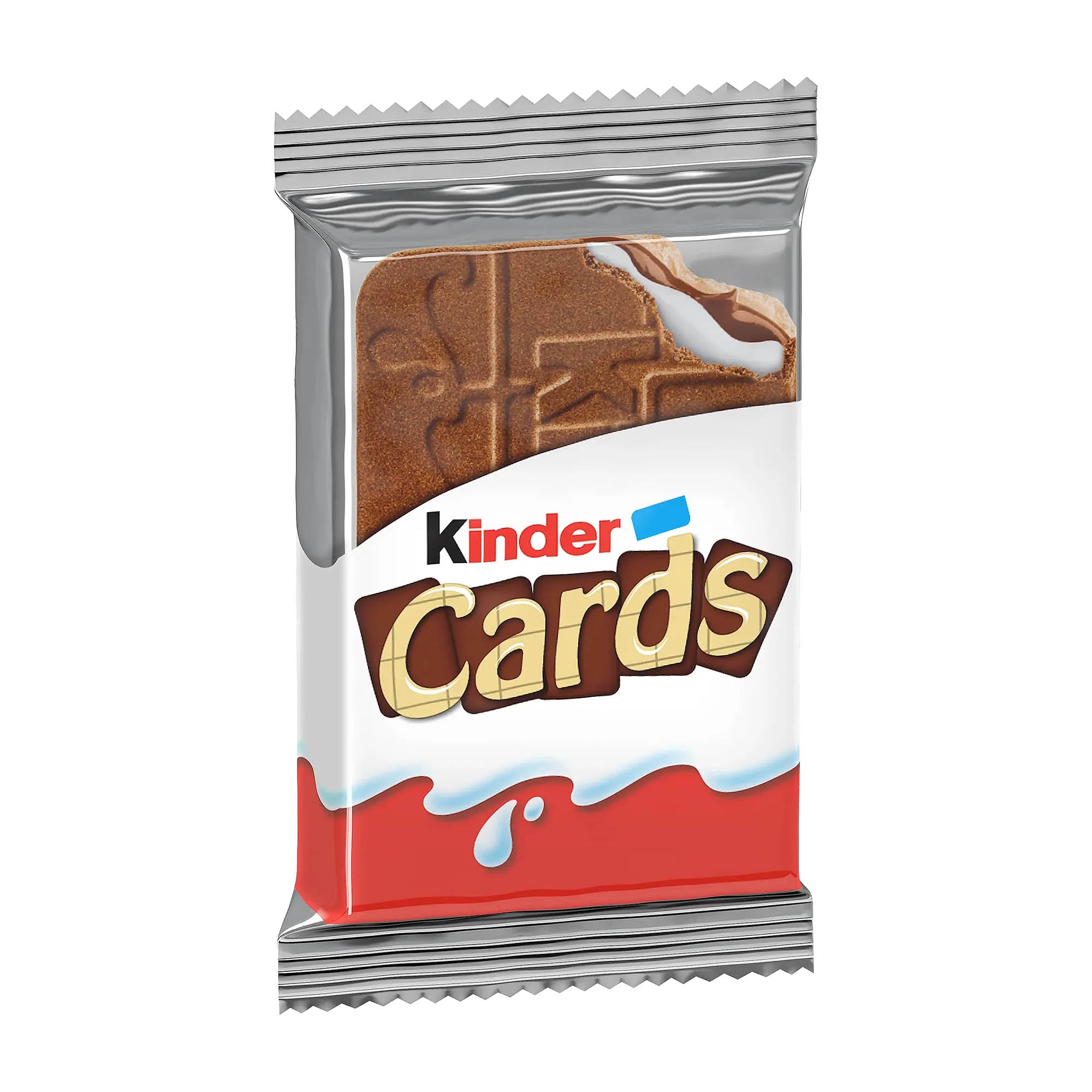 Packaging of Kinder Cards featuring two crispy wafers with milk and cocoa filling, branded with the Kinder logo