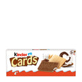 Packaging of Kinder Cards wafers showing a box with images of the wafer biscuits, chocolate and cream.