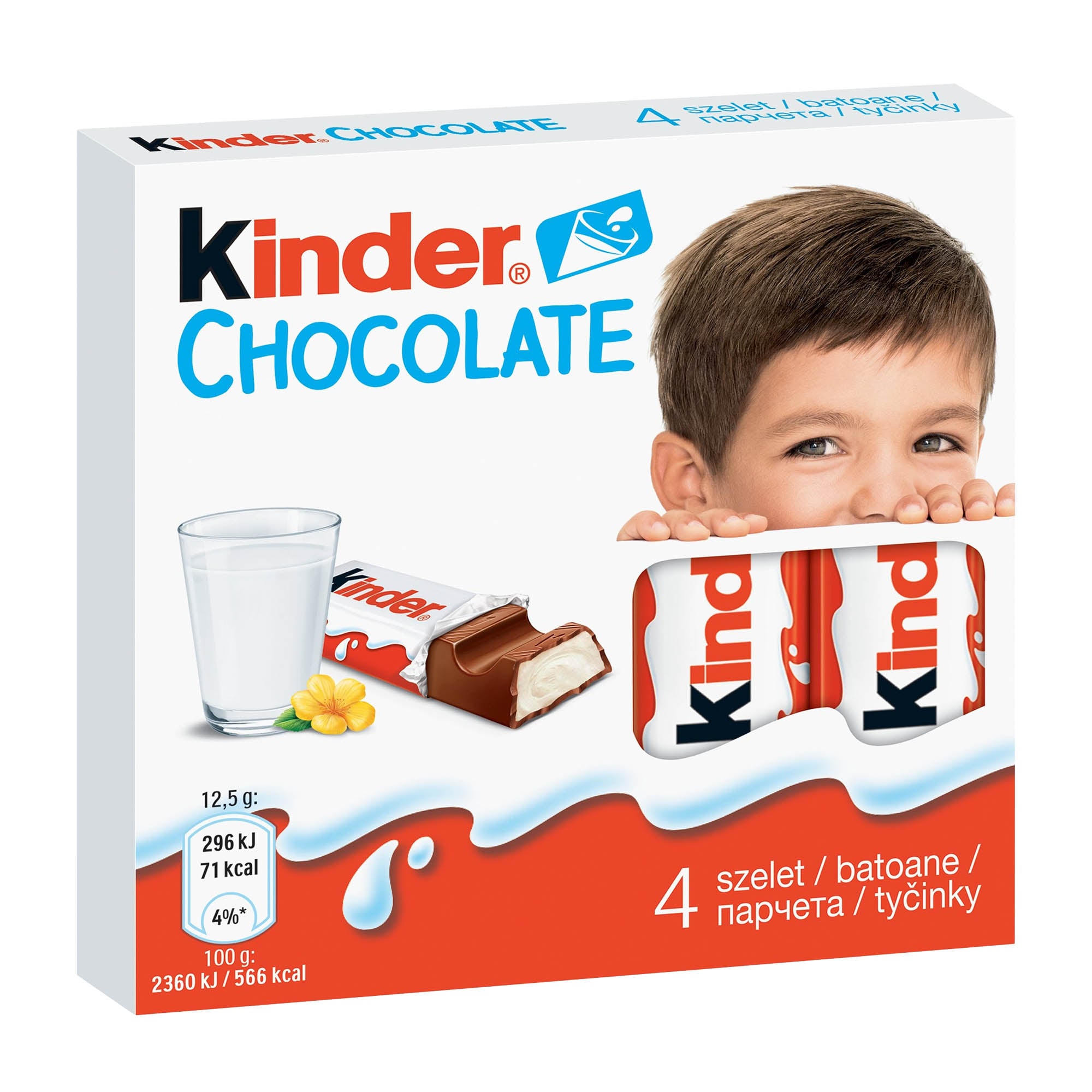 Packaging of Kinder Chocolate with Milk Cream, showing the brand logo, a image of a child, and the product details.