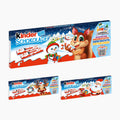 Three Kinder Chocolate Christmas-themed chocolate boxes arranged on a light gray background, featuring festive holiday illustrations including a snowman, reindeer, squirrel, and Santa Claus.