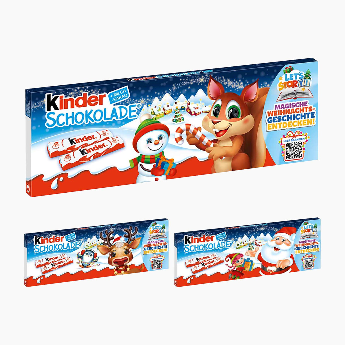 Three Kinder Chocolate Christmas-themed chocolate boxes arranged on a light gray background, featuring festive holiday illustrations including a snowman, reindeer, squirrel, and Santa Claus.